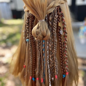 Light Red braids with coral and turquoise accents • Partial Mixed Braid Set • Clip in or Ponytail Tie • Various Hair Colors