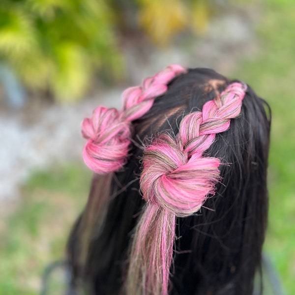 Clip-In Dutch Braid with Messy Space Bun  • Set of (2) • Dance • Festival • Concert • Shown in Pink and Brown • All Hair colors