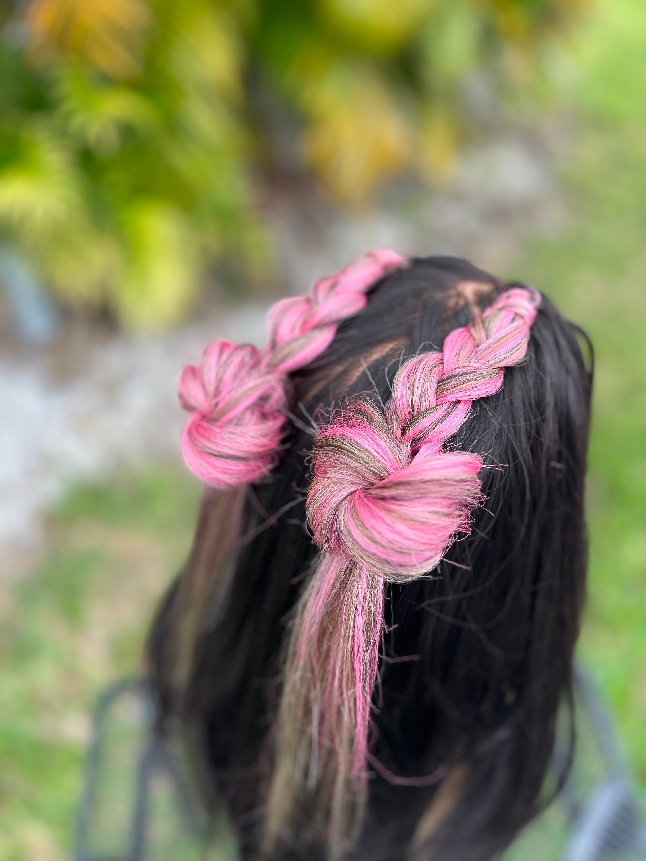 Clip-In Dutch Braid with Messy Space Bun  • Set of (2) • Dance • Festival • Concert • Shown in Pink and Brown • All Hair colors