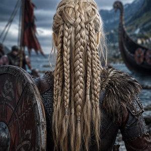 May include: A person with long blonde hair styled in multiple intricate braids adorned with small metallic beads. The hair is worn down the back, paired with dark leather armor featuring fur accents and a round wooden shield with metal trim.