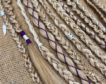 Clip in braids with viking dreadlocks with purple and white accents • Viking Wedding Hair • Holiday Hair Extensions • Festival Braids