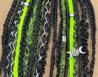 Neon Nights Dread Set •Synthetic Braids • Viking Dreadlocks • Neon Green Black Braids  • Pre looped • clip in • SE