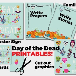 Day of the Dead, Poster, Cards, Printable Stickers, Printable Sign, Dia de los Muertos, Write Prayers, Write Stories, Colorful Aqua
