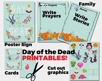 Day of the Dead, Poster, Cards, Printable Stickers, Printable Sign, Dia de los Muertos, Write Prayers, Write Stories, Colorful Aqua