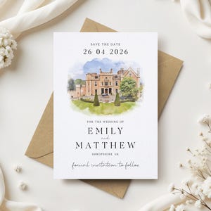 Venue Illustration Save the Date, Watercolour Venue, Painting Save the Dates, Venue Save the Date Cards, Personalised Venue Painting
