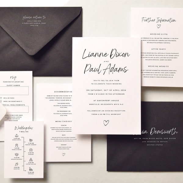 Chalk Wedding Invitation Set, Simple Wedding Invitation Bundle, Wedding Invitation with Guest Information Card and RSVP