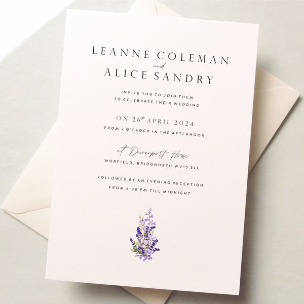 Simple Floral Wedding Invitation, Lavender Flower Wedding Invites, Classic Wedding Invitations with Luxury White Textured Envelopes