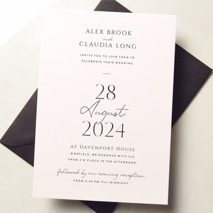 Modern Wedding or Evening Invitations, Classic Wedding Invites, Minimalist Wedding Invitation with Black Envelopes