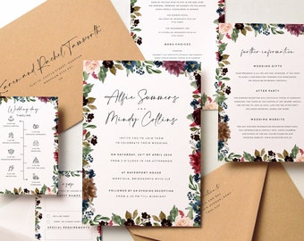 Floral Wedding Invitation Bundle, Simple Wedding Invitation Set, Wedding Invitation with Guest Information Card and RSVP