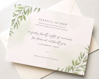 Simple Greenery Save the Date, Botanical Wedding Cards, Minimalist Wedding Postcards, Personalised Save the Dates, Wedding Announcement