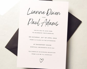 Heart Wedding Invitation, Minimalist Modern Wedding Invitations with Black Envelopes