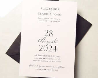 Modern Wedding or Evening Invitations, Classic Wedding Invites, Minimalist Wedding Invitation with Black Envelopes