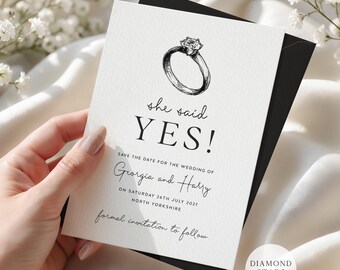 Minimalist Wedding Save the Dates, She Said Yes, Ring Save the Date Cards with Free Envelopes