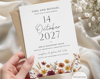 Autumn Floral Wedding Invitation, Boho Wedding Invites, Personalised Wildflower Wedding Cards with Free Envelopes