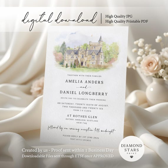 Watercolour Venue Wedding Invites, Digital Wedding Invitation, Venue Illustration, JPG and PDF Files