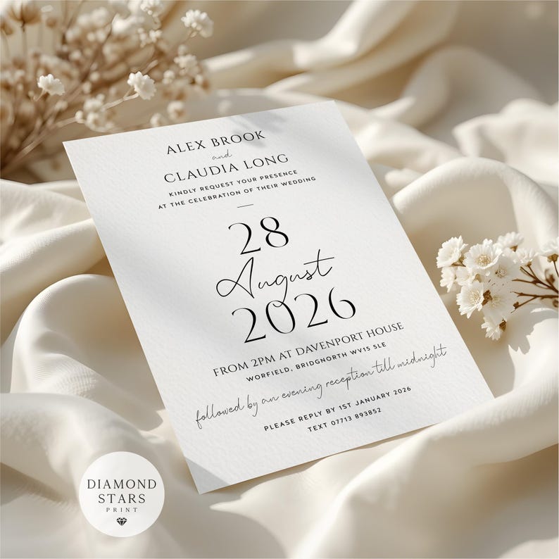 Modern Wedding or Evening Invitations, Classic Wedding Invites, Minimalist Wedding Invitation with Free Envelopes image 2