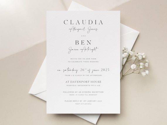 Simple Wedding Invitations for Classic Traditional Weddings with Luxury Textured White Envelopes Etsy Mexico