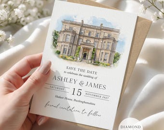 Venue Illustration Save the Date, Watercolour Venue, Painting Save the Dates, Modern Venue Save the Date Cards, Personalised Venue Painting