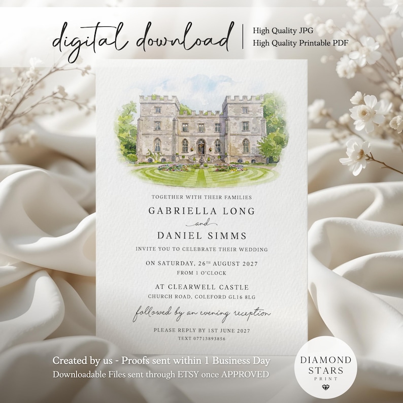 Venue Wedding Invitation Digital, Illustrated Venue Invite, Personalised Venue Painting Invitation (JPG & PDF) image 1