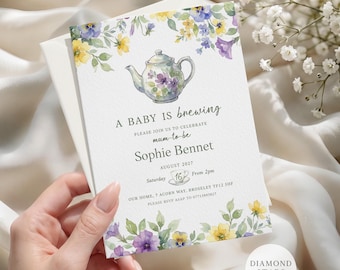 A Baby Is Brewing Invite, Personalised Baby Shower Invites, Floral Gender Neutral Baby Shower Cards 5"x7" Invitations with Free Envelopes