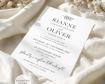 Minimalist Wedding Invitations, Personalised Rustic Wedding Cards with Free Envelopes