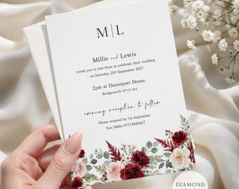 Floral Burgundy Wedding Invitation, Elegant Wedding Invites, Personalised Modern Wedding Cards with Free Envelopes