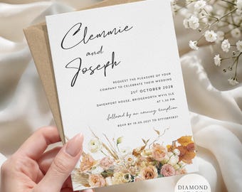 Boho Wedding Invitation, Autumn Floral Wedding Invites, Personalised Wedding Cards with Free Envelopes