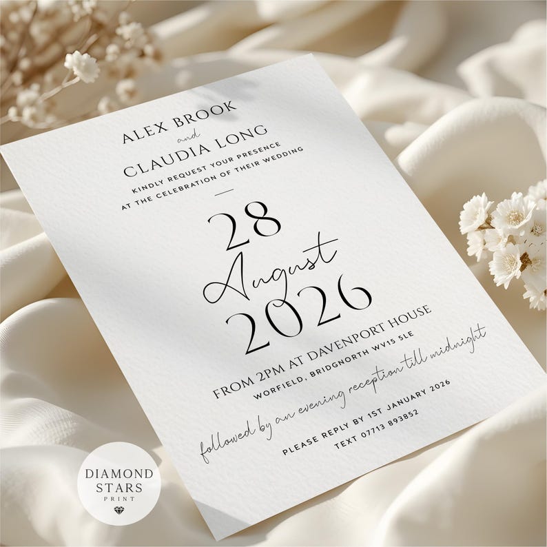 Modern Wedding or Evening Invitations, Classic Wedding Invites, Minimalist Wedding Invitation with Free Envelopes image 3