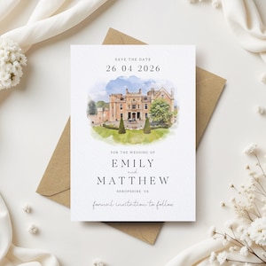 Venue Illustration Save the Date, Watercolour Venue, Painting Save the Dates, Venue Save the Date Cards, Personalised Venue Painting