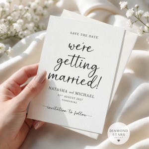 Minimalist Save the Dates, We're Getting Married!, Script Wedding Save the Date Cards with Free Envelopes
