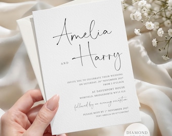 May include: A white wedding invitation card with black text featuring the names Amelia and Harry. The card includes event details for a wedding on 26th November 2027, at Davenport House, with an RSVP date of 1st November 2027, and a contact number.