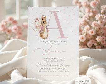 Personalised Christening Invitations, Pink Rabbit Christening Invites, Girl Baptism Cards, 5x7 with Free Envelopes