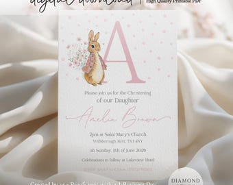 May include: A christening invitation card featuring a large pink letter A, a watercolor illustration of a rabbit in a pink jacket holding flowers, and pink polka dots. The text reads: Please join us for the Christening of our Daughter Amelia Brown.