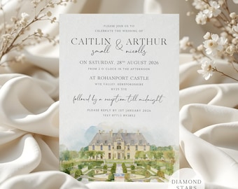 Watercolour Venue Wedding Invitation, Illustrated Wedding Venue Invite, Custom Wedding Location Invitation, Elegant Venue Wedding Stationery