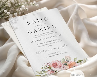 Floral Wedding Invitations, Personalised Rustic Wedding Invites with Free Envelopes