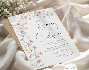 Wildflower Arch Wedding Invitation, Boho Wedding Invites, Personalised Wedding Cards with Free Envelopes