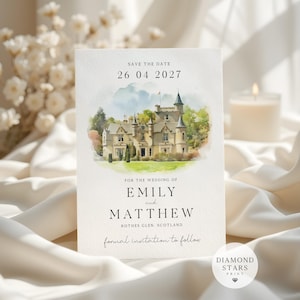 Illustration du lieu &quot;Retenez cette date&quot;, Aquarelle du lieu, Tableau &quot;Retenez cette date&quot;, Cartes &quot;Retenez cette date&quot;, Peinture personnalisée du lieu