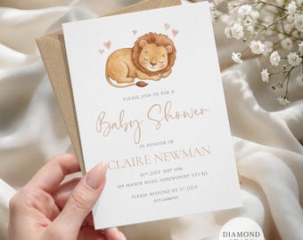 Safari Themed Baby Shower Invites, Gender Neutral, Lion Baby Shower Cards, 5"x7" Minimalist Baby Shower Invitations with Free Envelopes