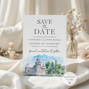 Illustration du lieu « Réservez cette date », carte de mariage « Save the Date » aquarelle, lieu du mariage personnalisé « Save the Dates »