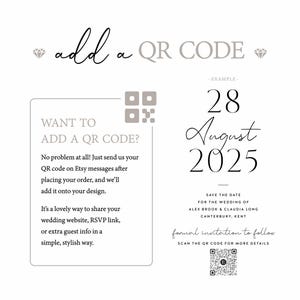 May include: A white wedding invitation design with the text "add a QR CODE" and "28 August 2025". The invitation includes a QR code and instructions on how to add a QR code to the design.