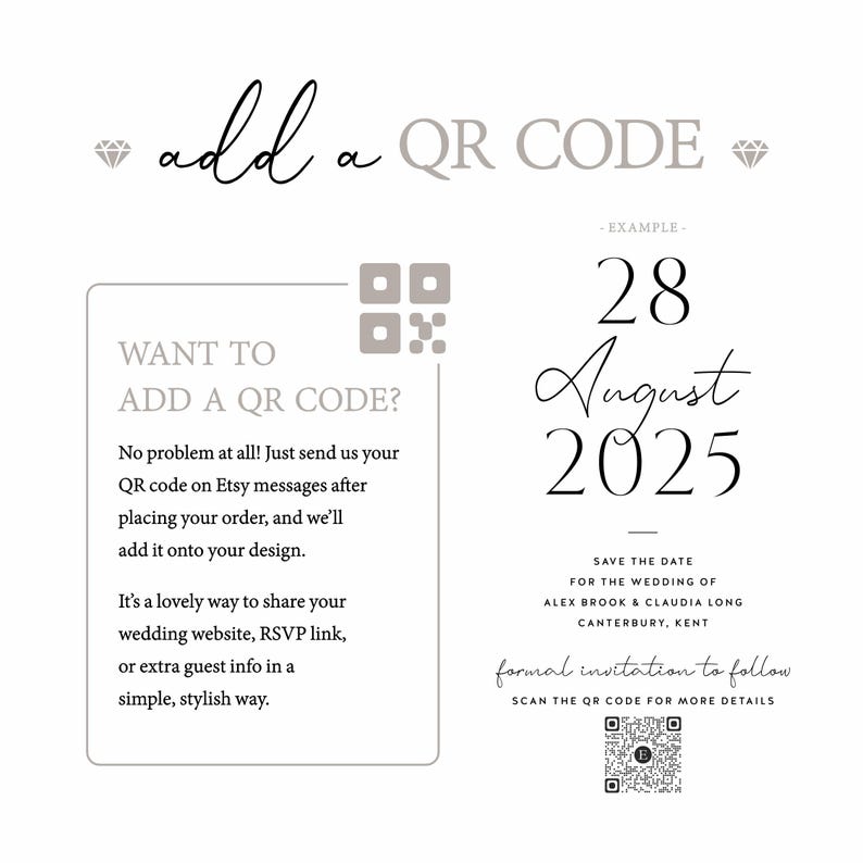 May include: A white wedding invitation design with the text "add a QR CODE" and "28 August 2025". The invitation includes a QR code and instructions on how to add a QR code to the design.