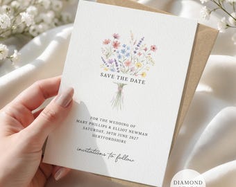 Wildflower Save the Date, Personalised Floral Save the Dates, A6 Boho Wedding Save the Date Cards