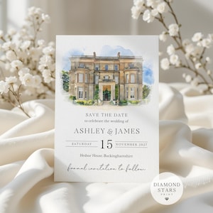 Illustration d&#39;un lieu &quot;Retenez cette date&quot;, Aquarelle de lieu, Peinture &quot;Retenez cette date&quot;, Cartes &quot;Retenez cette date&quot; pour un lieu moderne, Peinture de lieu personnalisée