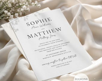 May include: A white wedding invitation card with black serif and script typography. The text reads Sophie Anne Williams and Matthew Anthony Jones invite you to join them to celebrate their wedding on Saturday, 26th September 2027, at Davenport House.