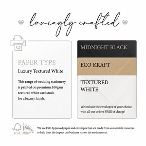May include: Image of wedding stationery samples. The image displays envelope options in Midnight Black, Eco Kraft, and Textured White. The text describes the paper as Luxury Textured White, printed on 300gsm cardstock.
