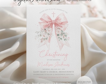 May include: A white rectangular invitation card featuring a large watercolor pink bow with floral accents and a cross. The text reads: Please join us as we celebrate the Christening of our daughter Madison Andrews, Saturday, 3rd June 2027, 2pm, Saint Mary's Church, Bridgenorth, celebrations to follow at Bridgenorth Town Hall, RSVP ASAP to Chloe on 07712878889.