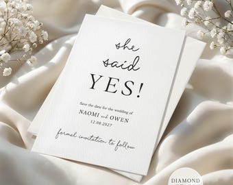 Minimalist Save the Dates, She Said Yes, Wedding Save the Date Cards with Free Envelopes