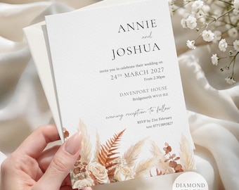 Boho Wedding Invitation, Floral Wedding Invites, Pampas Grass Invite, Personalised Wedding Cards with Free Envelopes