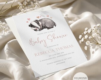 Minimalist Baby Shower Invites, Woodland Animal Theme, Gender Neutral Baby Shower Cards, Badger Baby Shower Invitations with Free Envelopes
