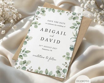 Personalised Eucalyptus Save the Date, Botanical Wedding Save the Date Cards, Greenery Save the Dates with Free Envelopes